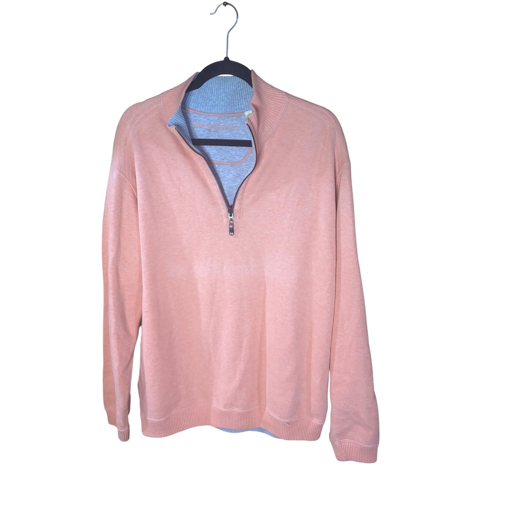 Tommy Bahama Mens Coral Pink 1/4 Zip Cotton Pullover Sweater Marlin Logo Size M